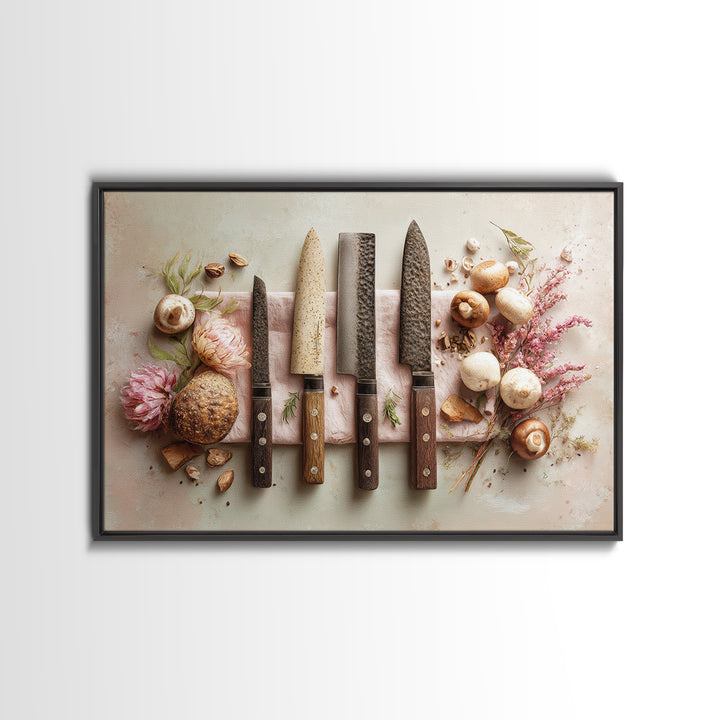 Chef Knives and Herbs Arranged as Graphic Framed Canvas Print, Kitchen Art, Art Prints, Kitchen Decor, Fine Art, Kitchen, KIT-3x2-14