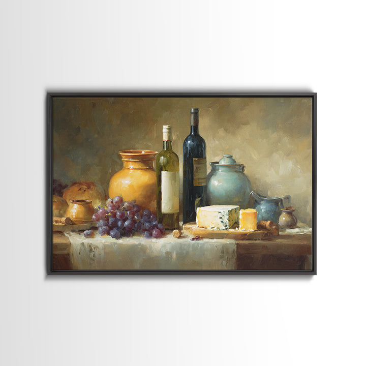 Wine Bottle Grapes and Cheese Still Life Canvas Print, Kitchen Art, Digital Print, Kitchen Decor, Watercolor Art, Kitchen, KIT-3x2-16