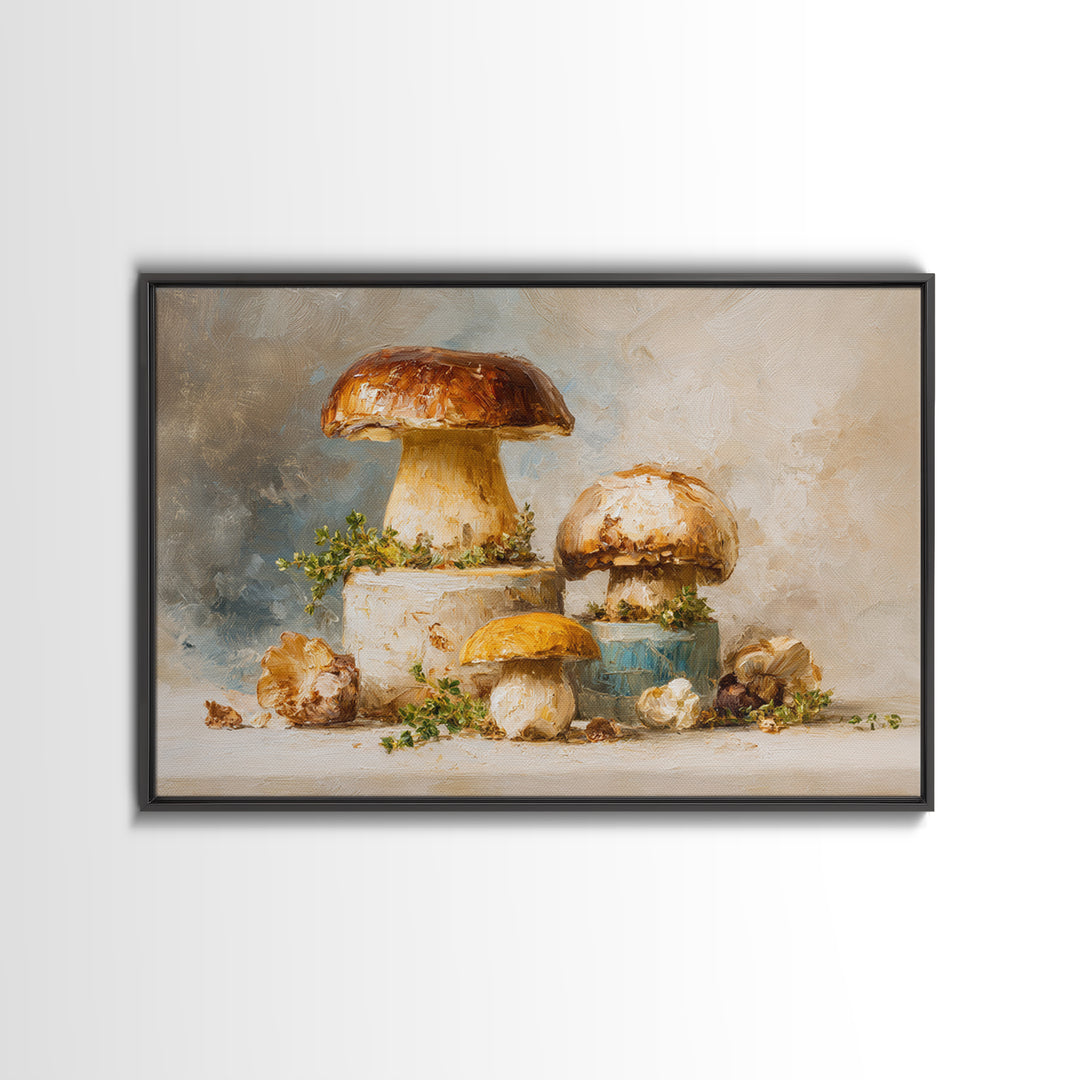 Mushrooms and Thyme Botanical Study Framed Canvas Print, Kitchen Art, Poster Art, Kitchen Decor, Fine Art, Kitchen, Boho Decor, KIT-3x2-19