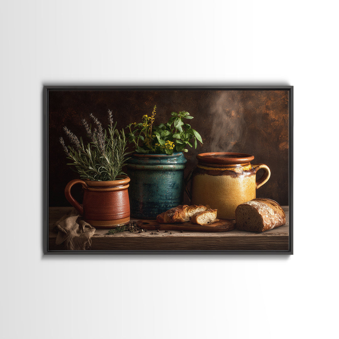 Fresh Herbs in Terracotta Pots Canvas Print, Kitchen Art, Dining Room Wall Art, Kitchen Decor, Fine Art, Kitchen, Luxury Decor, KIT-3x2-29
