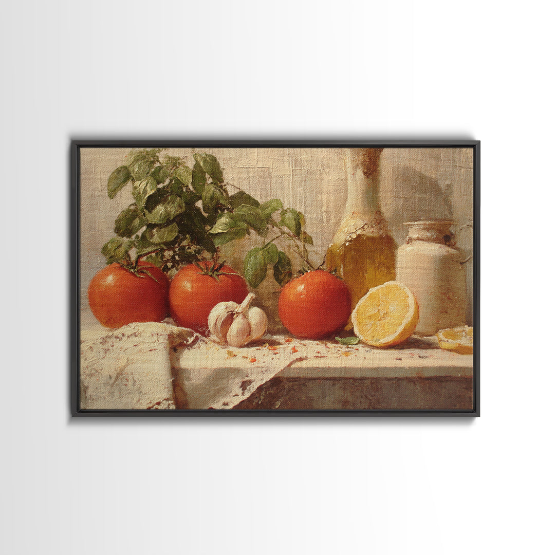 Tomatoes Garlic and Basil on Linen Framed Canvas Print, Kitchen Art, Trendy Wall Art, Kitchen Decor, Abstract Art, Kitchen, KIT-3x2-31