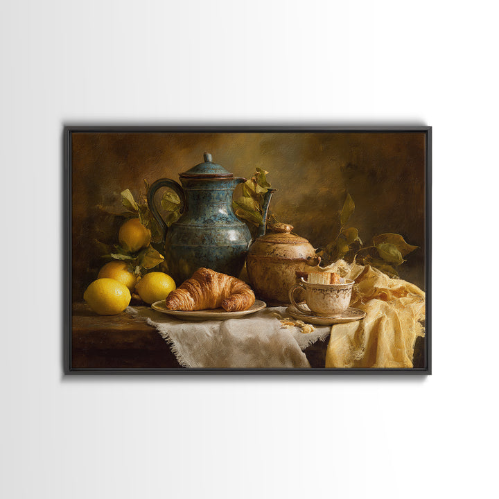 Coffee Pot and Croissant Morning Still Life Framed Canvas Print, Kitchen Art, Coffee Wall Art, Kitchen Decor, Fine Art, Kitchen, KIT-3x2-35