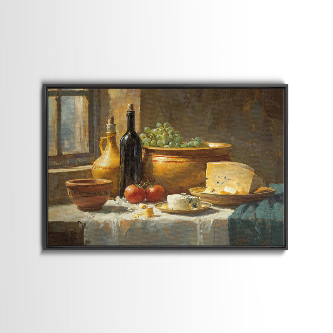 Wine Bottle Grapes and Cheese Still Life Framed Canvas Print, Kitchen Art, Modern Art, Kitchen Decor, Oil Painting, Kitchen, KIT-3x2-40