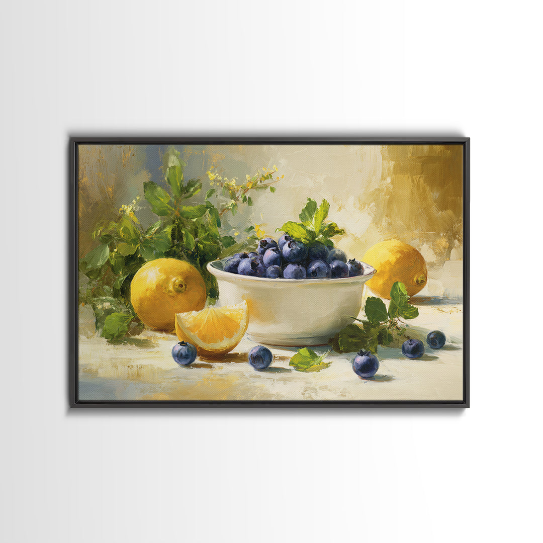 Blueberries in a White Bowl Framed Canvas Print, Kitchen Art, Room Decor, Kitchen Decor, Oil Painting, Kitchen, Digital Art, KIT-3x2-47