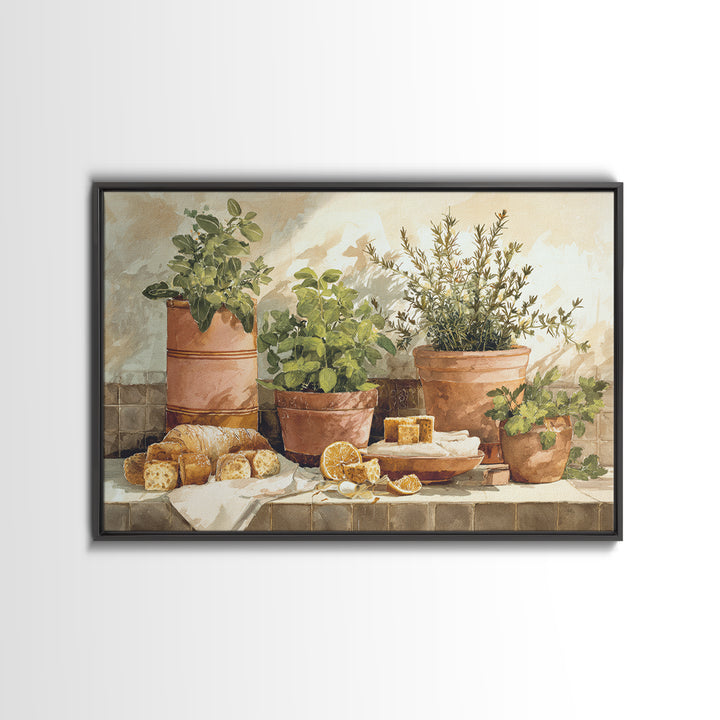 Fresh Herbs in Terracotta Pots Framed Canvas Print, Kitchen Art, Modern Art, Kitchen Decor, Fine Art, Kitchen, Neutral Decor, KIT-3x2-5