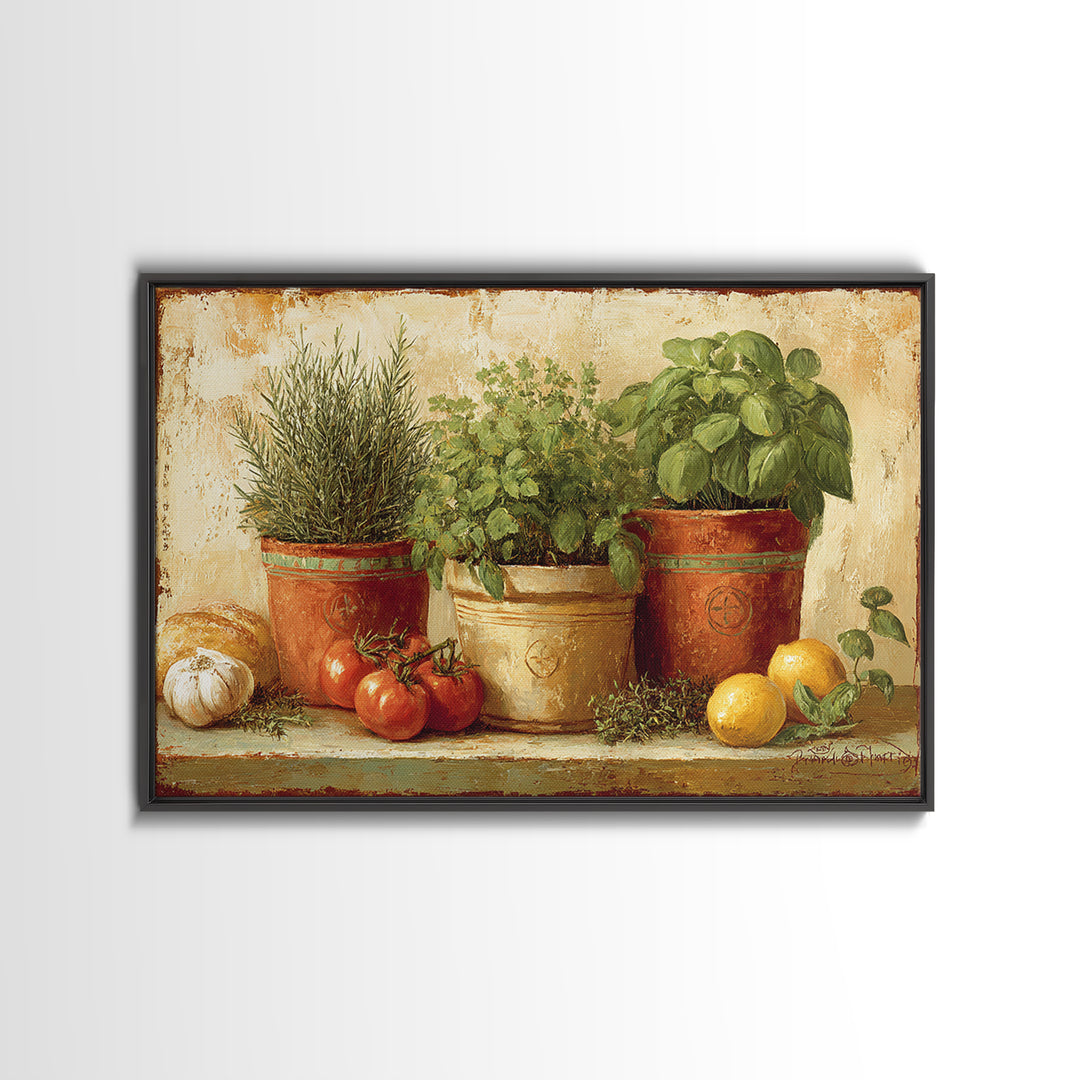 Fresh Herbs in Terracotta Pots Canvas Print, Kitchen Art, Dining Room Wall Art, Kitchen Decor, Fine Art, Kitchen, Luxury Decor, KIT-3x2-53
