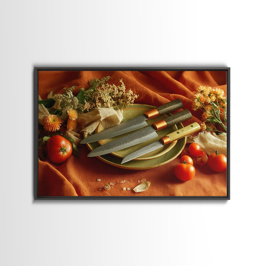 Chef Knives and Herbs Arranged as Graphic Canvas Print, Kitchen Art, Kitchen Wall Art, Kitchen Decor, Fine Art, Kitchen, KIT-3x2-62