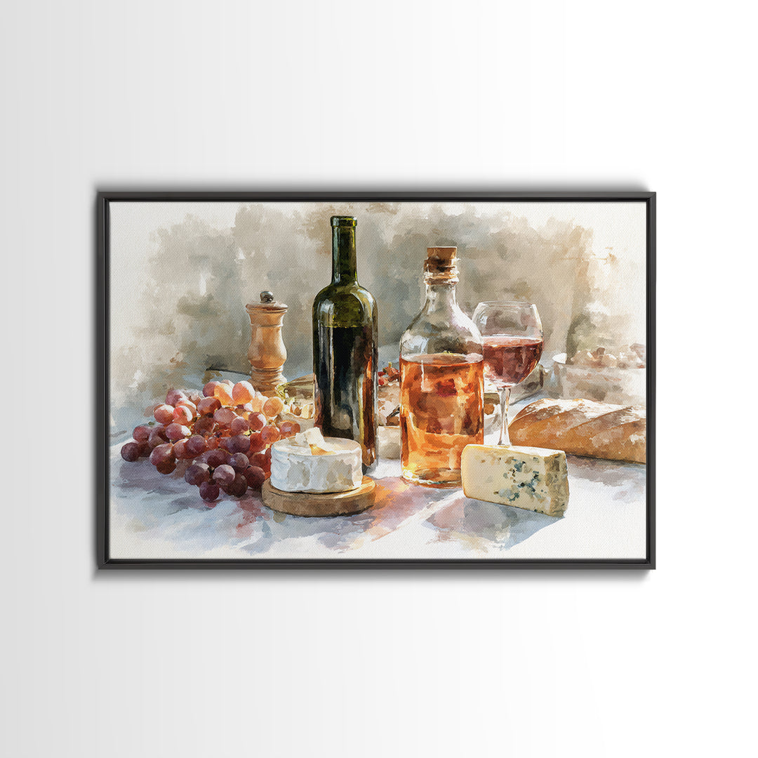 Wine Bottle Grapes and Cheese Still Life Framed Canvas Print, Kitchen Art, Gallery Decor, Kitchen Decor, Abstract Art, Kitchen, KIT-3x2-64