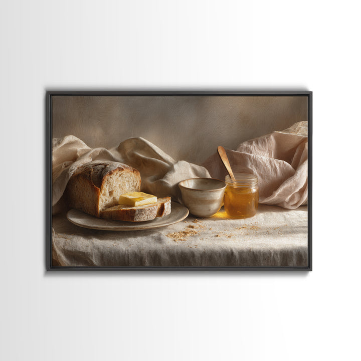 Fresh Bread with Butter and Honey Framed Canvas Print, Kitchen Art, Printable Art, Kitchen Decor, Kitchen, Coffee Wall Art, KIT-3x2-70