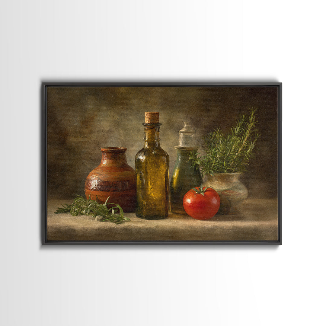 Olive Oil Bottle and Rosemary Branch Framed Canvas Print, Kitchen Art, Kitchen Print, Kitchen Decor, Watercolor Art, Kitchen, KIT-3x2-81