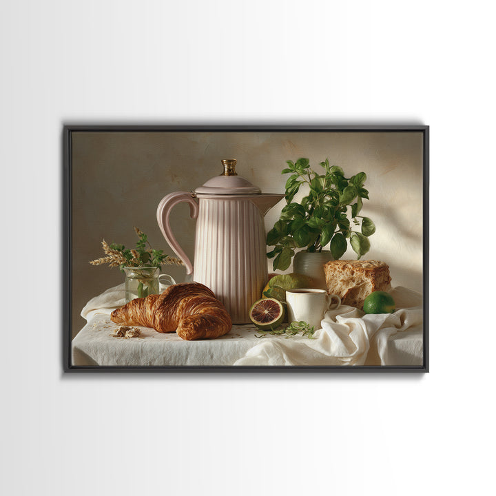Coffee Pot and Croissant Morning Still Life Canvas Print, Kitchen Art, Wall Art, Kitchen Decor, Kitchen, Kitchen Wall Art, KIT-3x2-83