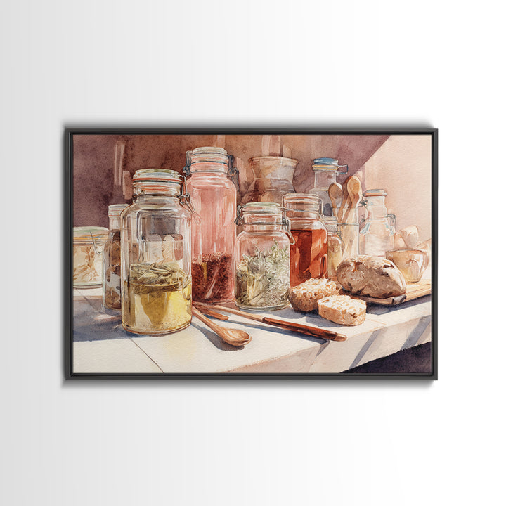 Watercolor Spice Jars Without Readable Labels Canvas Print, Kitchen Art, Coffee Print, Kitchen Decor, Oil Painting, Kitchen, KIT-3x2-89