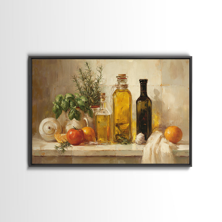 Olive Oil Bottle and Rosemary Branch Framed Canvas Print, Kitchen Art, Printable Art, Kitchen Decor, Oil Painting, Kitchen, KIT-3x2-9