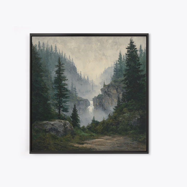 Waterfall Hidden in Dense Forest Framed Canvas Print, Landscape Art, Decor, Living Room Decor, Oil Painting, Horizon, LAN-1x1-12