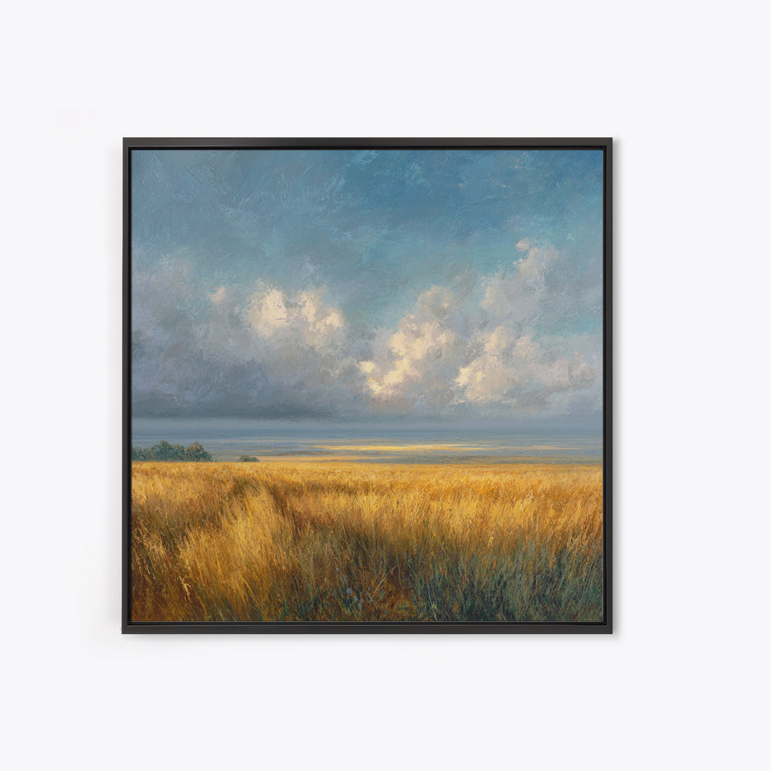 Golden Wheat Field Beneath Huge Clouds Framed Canvas Print, Landscape Art, Wall Art Print, Living Room Decor, Fine Art, Horizon, LAN-1x1-24