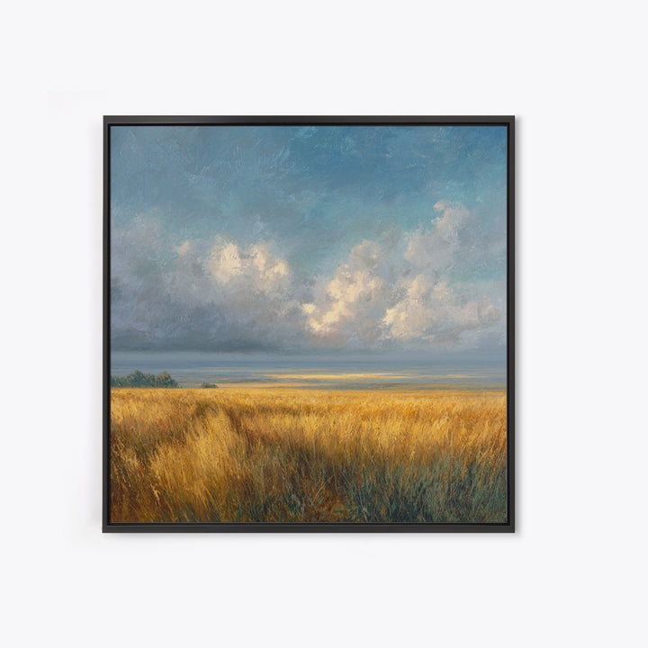 Golden Wheat Field Beneath Huge Clouds Framed Canvas Print, Landscape Art, Wall Art Print, Living Room Decor, Fine Art, Horizon, LAN-1x1-24