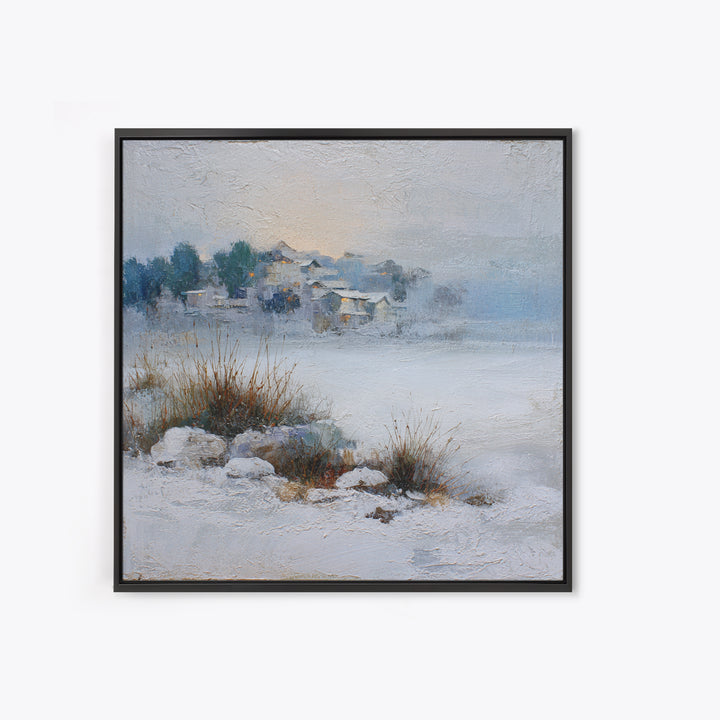 Snow Covered Alpine Village at Dusk Canvas Print, Landscape Art, Abstract Wall Art, Living Room Decor, Fine Art, Horizon, LAN-1x1-31