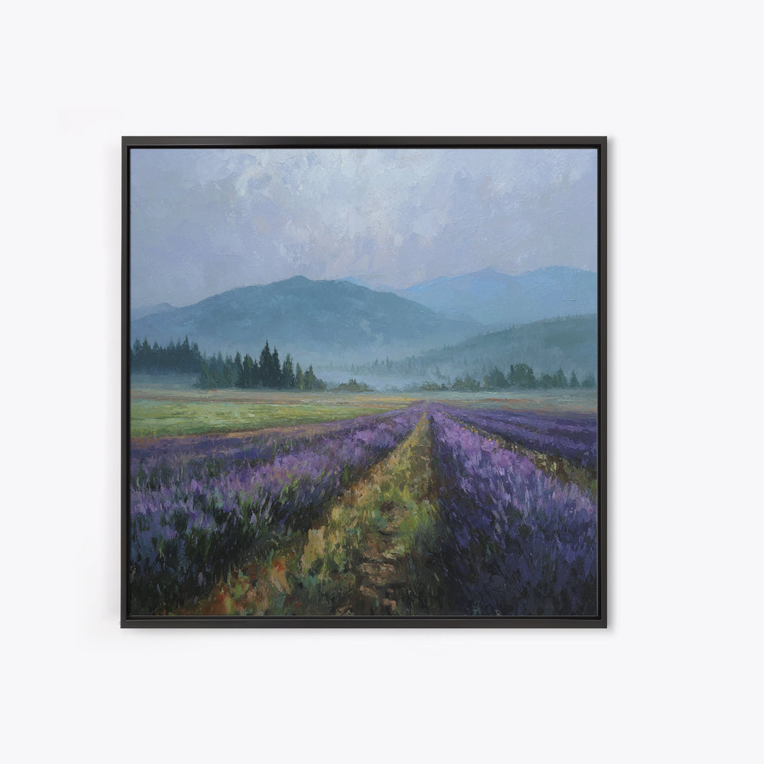 Lavender Field Leading to Distant Hills Framed Canvas Print, Landscape Art, Modern Art, Living Room Decor, Watercolor Art, LAN-1x1-34
