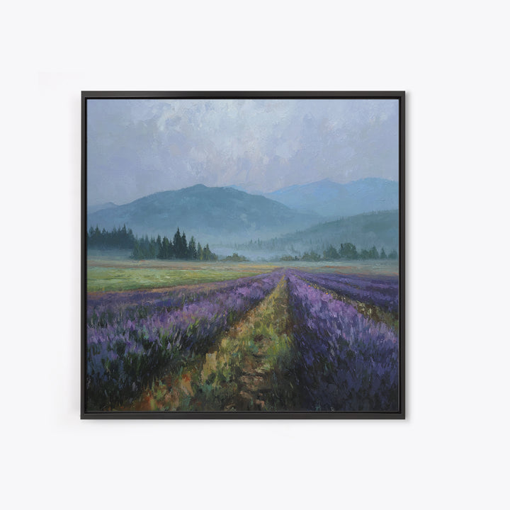 Lavender Field Leading to Distant Hills Framed Canvas Print, Landscape Art, Modern Art, Living Room Decor, Watercolor Art, LAN-1x1-34