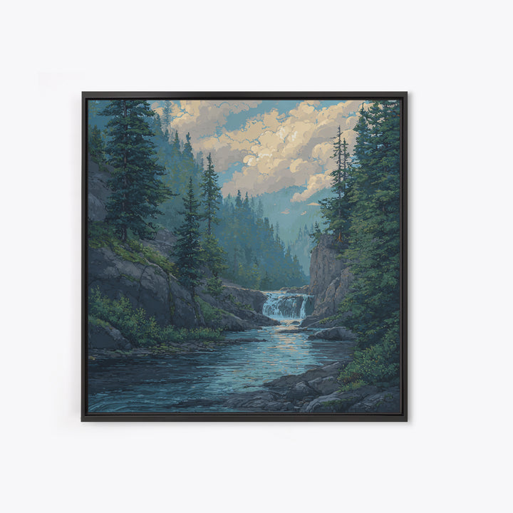 Waterfall Hidden in Dense Forest Canvas Print, Landscape Art, Original Painting, Living Room Decor, Fine Art, Horizon, LAN-1x1-36