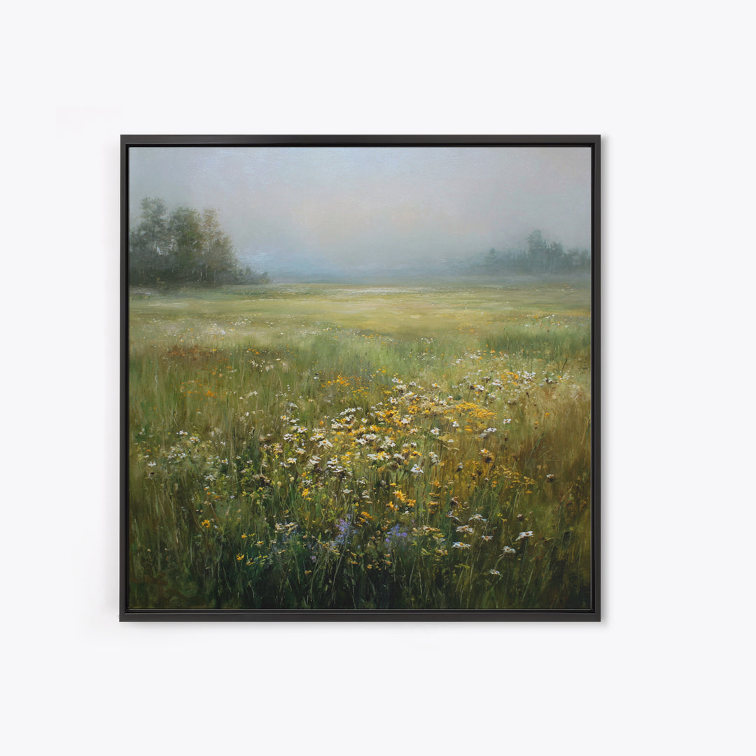 Sunlit Meadow with Wildflowers Framed Canvas Print, Landscape Art, Boho Decor, Living Room Decor, Fine Art, Horizon, Art Prints, LAN-1x1-37