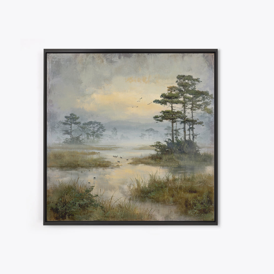 Misty Cypress Swamp Framed Canvas Print, Landscape Art, Living Room Wall Art, Living Room Decor, Oil Painting, Horizon, LAN-1x1-46