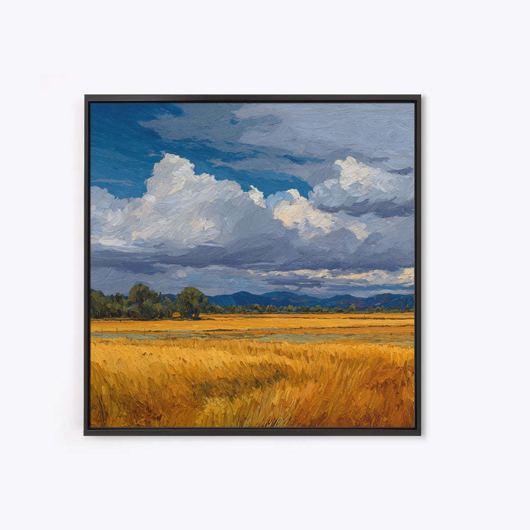 Golden Wheat Field Beneath Huge Clouds Framed Canvas Print, Landscape Art, Decor, Living Room Decor, Oil Painting, Horizon, LAN-1x1-48