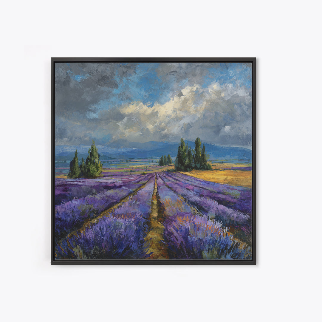 Lavender Field Leading to Distant Hills Framed Canvas Print, Landscape Art, Modern Art, Living Room Decor, Watercolor Art, LAN-1x1-58
