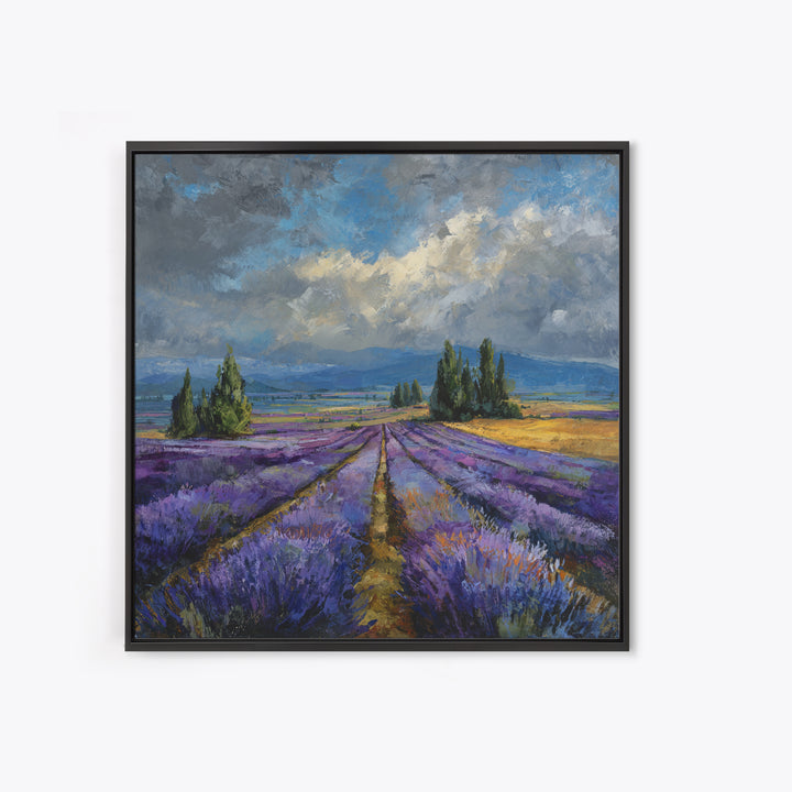 Lavender Field Leading to Distant Hills Framed Canvas Print, Landscape Art, Modern Art, Living Room Decor, Watercolor Art, LAN-1x1-58