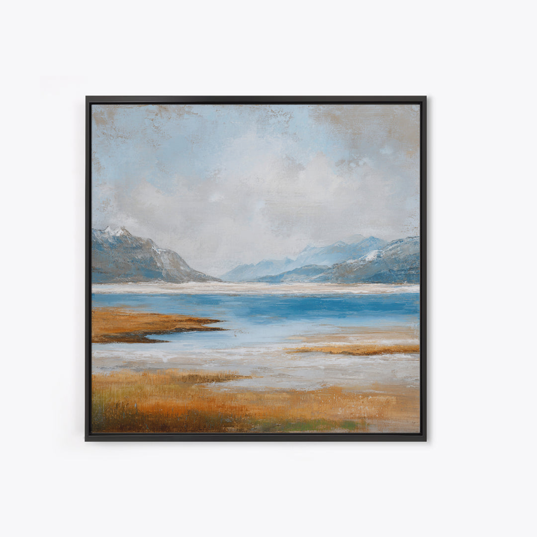 Fjord Landscape with Icy Blue Water Framed Canvas Print, Landscape Art, Neutral Decor, Living Room Decor, Oil Painting, Horizon, LAN-1x1-63