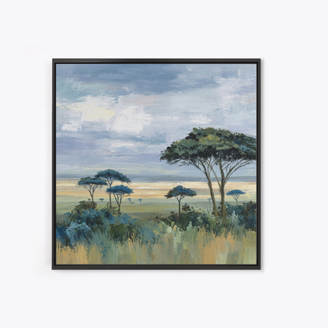 Wide Savanna with Acacia Silhouette Framed Canvas Print, Landscape Art, Modern Decor, Living Room Decor, Fine Art, Horizon, LAN-1x1-67