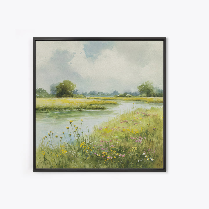 Sunlit Meadow with Wildflowers Canvas Print, Landscape Art, Minimalist Decor, Living Room Decor, Oil Painting, Horizon, LAN-1x1-85