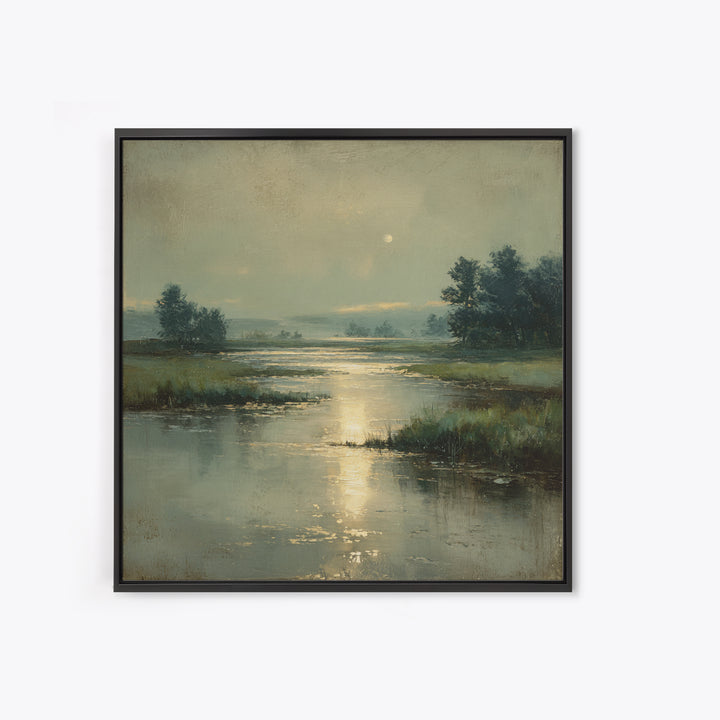 Moonlit River with Silver Reflections Framed Canvas Print, Landscape Art, Wall Art, Living Room Decor, Fine Art, Horizon, LAN-1x1-93