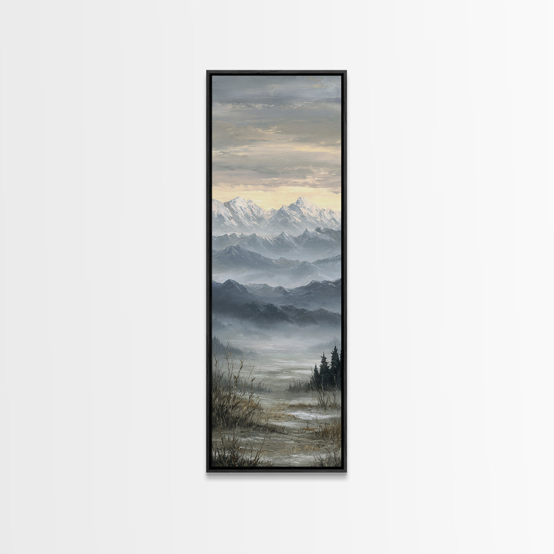 Snow Covered Alpine Village at Dusk Framed Canvas Print, Landscape Art, Framed Wall Art, Living Room Decor, Oil Painting, LAN-1x3-19