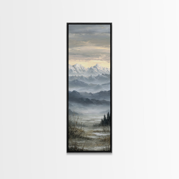 Snow Covered Alpine Village at Dusk Framed Canvas Print, Landscape Art, Framed Wall Art, Living Room Decor, Oil Painting, LAN-1x3-19