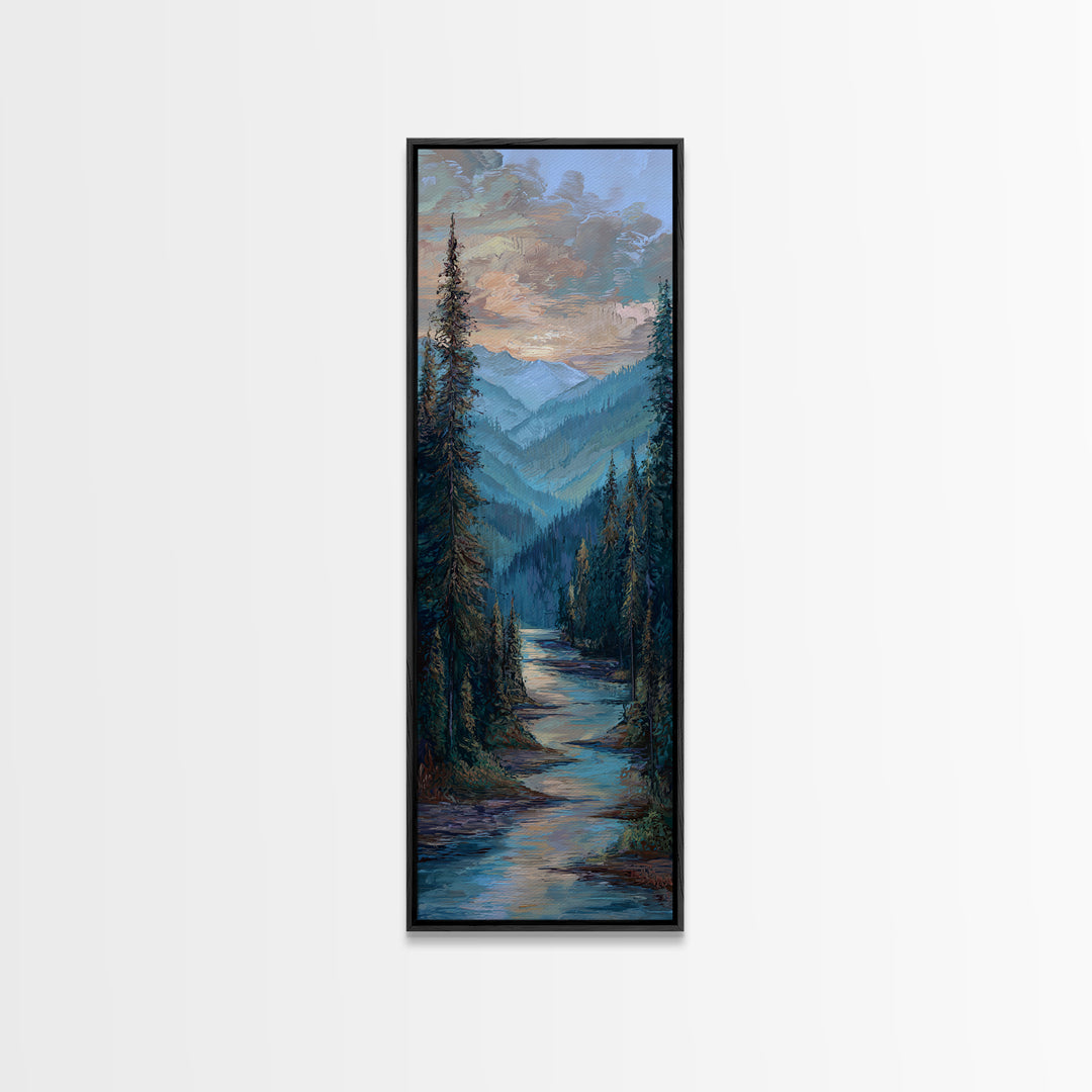Waterfall Hidden in Dense Forest Framed Canvas Print, Landscape Art, Decor, Living Room Decor, Oil Painting, Horizon, LAN-1x3-24
