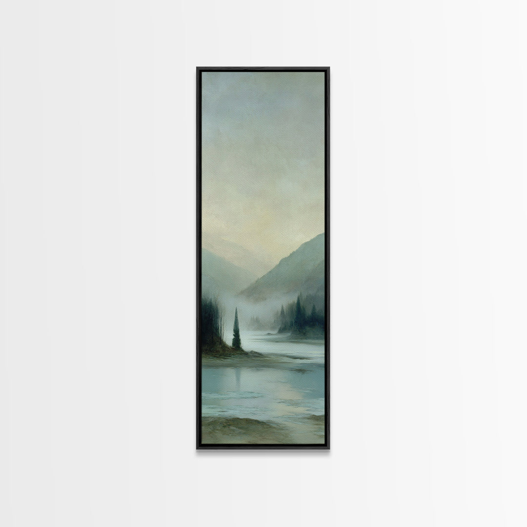 Fjord Landscape with Icy Blue Water Framed Canvas Print, Landscape Art, Original Painting, Living Room Decor, Fine Art, Horizon, LAN-1x3-3