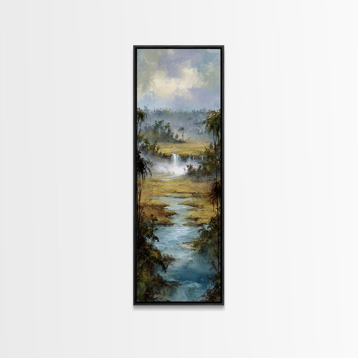 Tropical Jungle Waterfall Framed Canvas Print, Landscape Art, Minimalist Decor, Living Room Decor, Oil Painting, Horizon, LAN-1x3-4