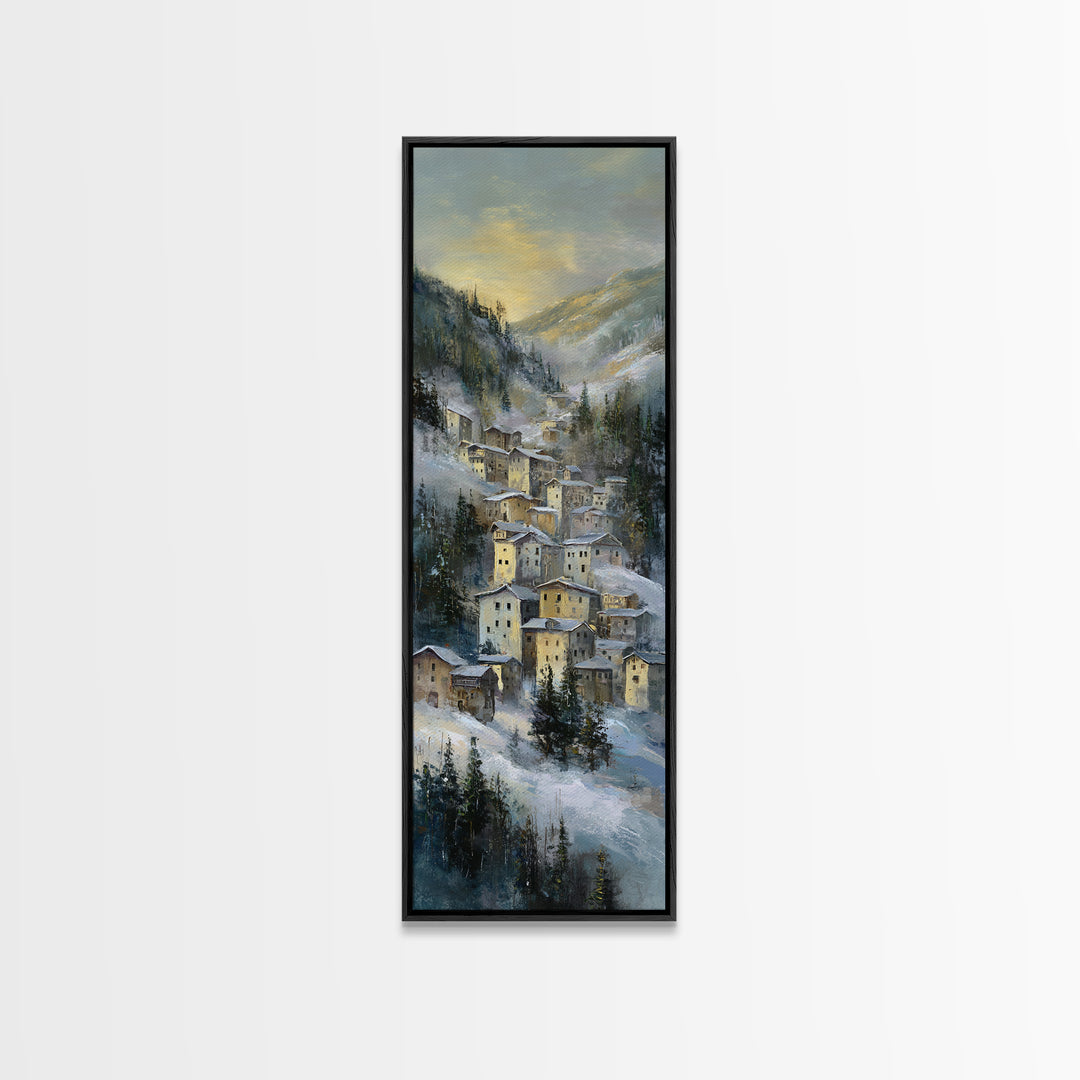 Snow Covered Alpine Village at Dusk Canvas Print, Landscape Art, Abstract Wall Art, Living Room Decor, Fine Art, Horizon, LAN-1x3-43