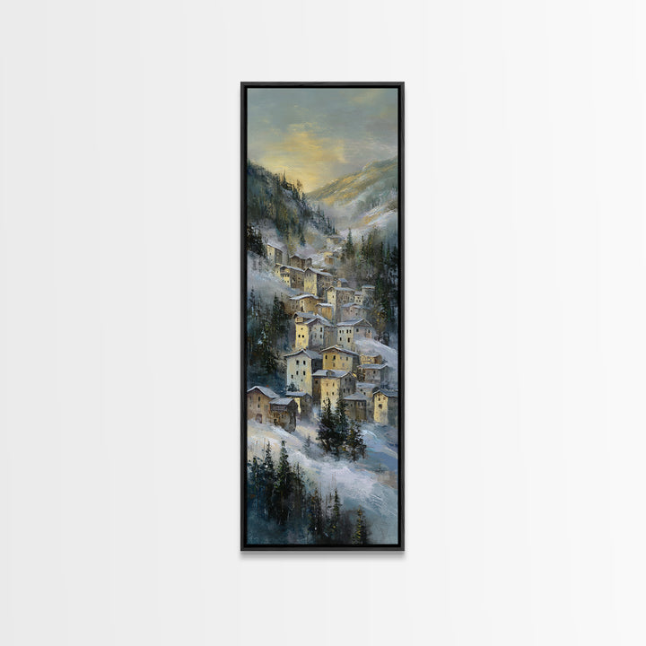 Snow Covered Alpine Village at Dusk Canvas Print, Landscape Art, Abstract Wall Art, Living Room Decor, Fine Art, Horizon, LAN-1x3-43