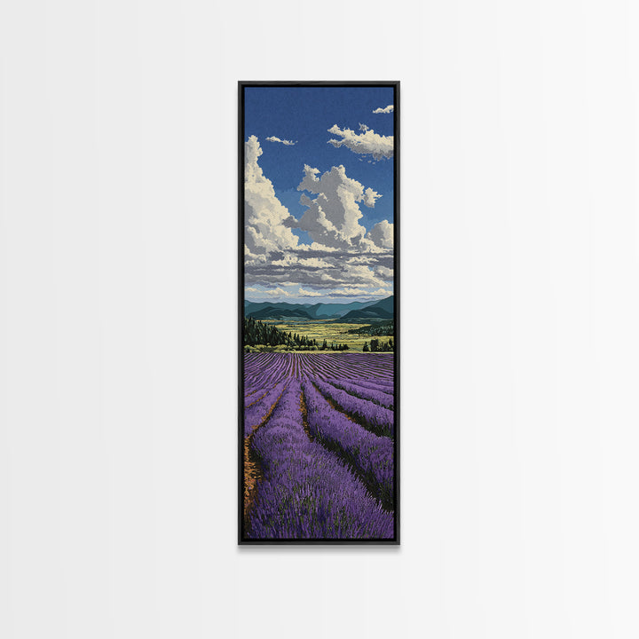 Lavender Field Leading to Distant Hills Framed Canvas Print, Landscape Art, Modern Decor, Living Room Decor, Fine Art, Horizon, LAN-1x3-46