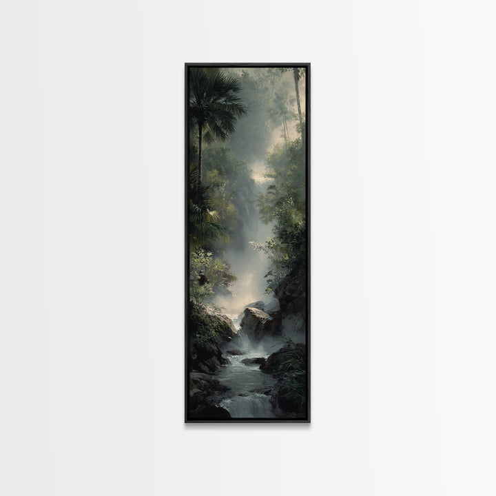 Tropical Jungle Waterfall Framed Canvas Print, Landscape Art, Digital Wall Art, Living Room Decor, Fine Art, Horizon, LAN-1x3-52