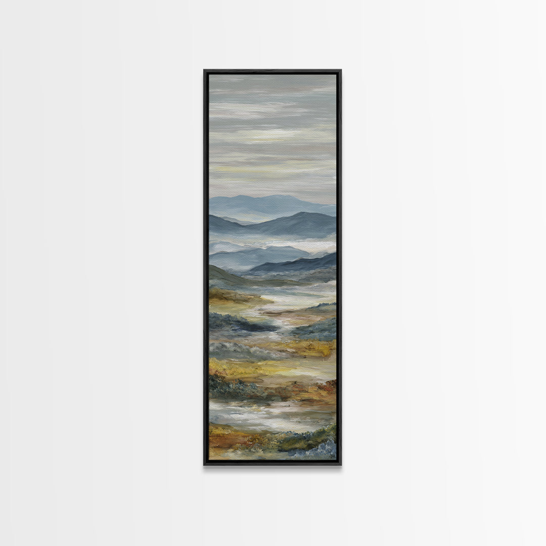 Misty Mountain Valley at Sunrise Framed Canvas Print, Landscape Art, Digital Prints, Living Room Decor, Fine Art, Horizon, LAN-1x3-61