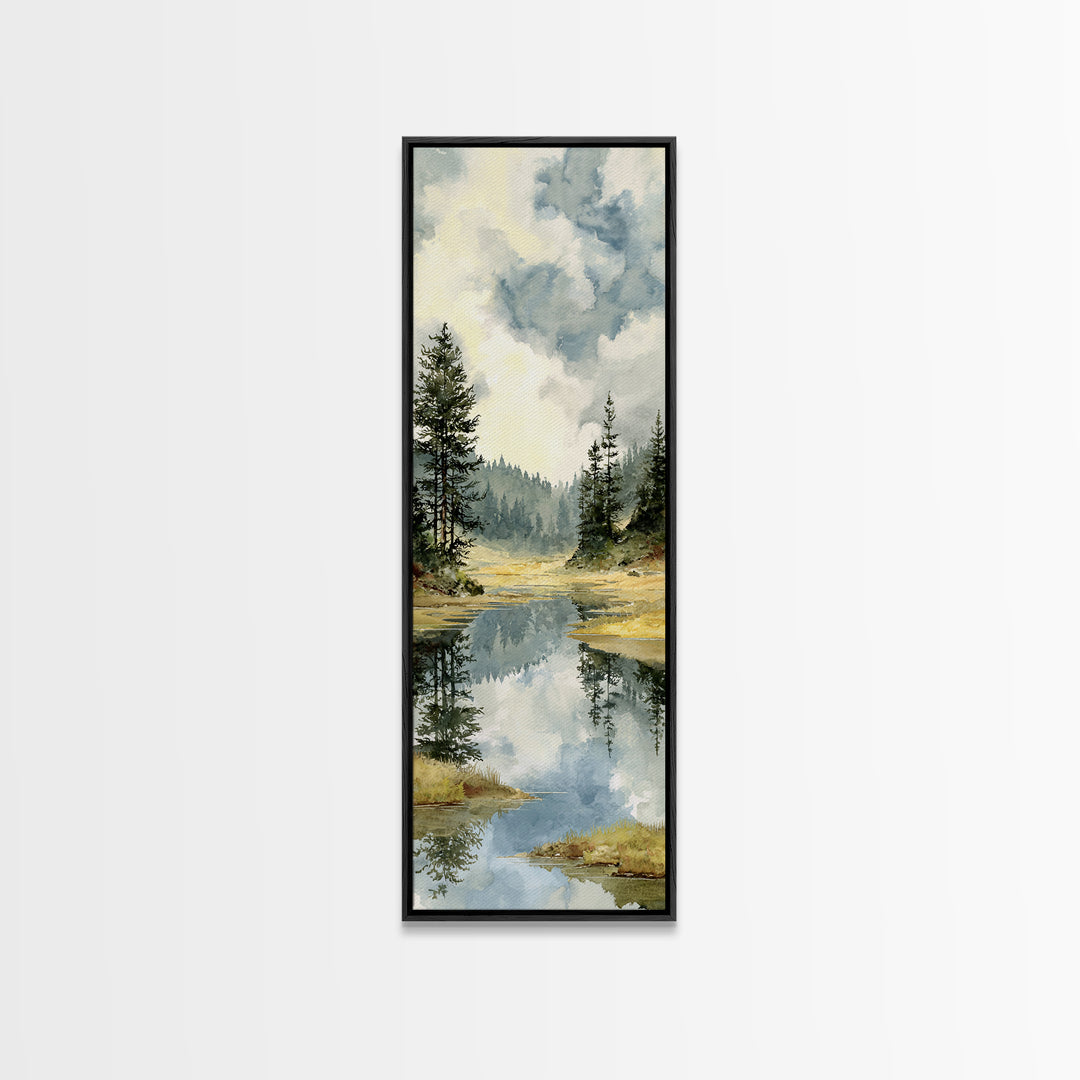 Quiet Lake Reflecting Pine Forest Framed Canvas Print, Landscape Art, Abstract Wall Art, Living Room Decor, Fine Art, Horizon, LAN-1x3-64