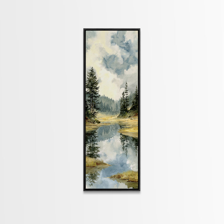 Quiet Lake Reflecting Pine Forest Framed Canvas Print, Landscape Art, Abstract Wall Art, Living Room Decor, Fine Art, Horizon, LAN-1x3-64