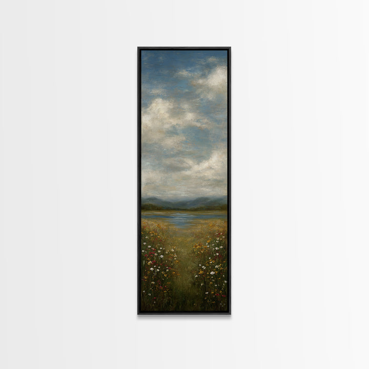 Sunlit Meadow with Wildflowers Canvas Print, Landscape Art, Framed Wall Art, Living Room Decor, Oil Painting, Horizon, LAN-1x3-73