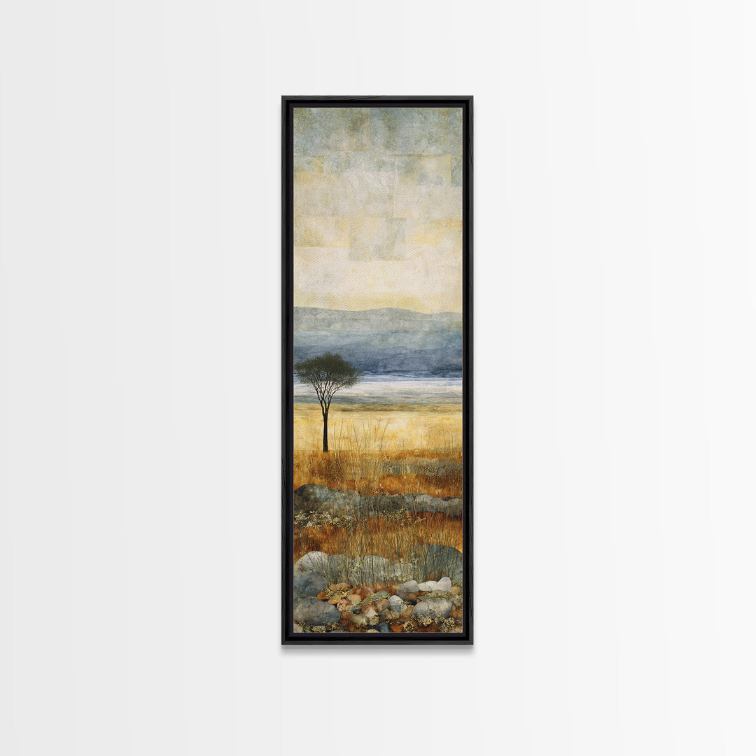 Wide Savanna with Acacia Silhouette Framed Canvas Print, Landscape Art, Living Room Wall Art, Living Room Decor, Oil Painting, LAN-1x3-79