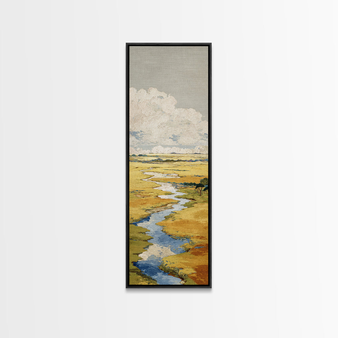 Winding River Through Golden Fields Canvas Print, Landscape Art, Contemporary Art, Living Room Decor, Fine Art, Horizon, LAN-1x3-86