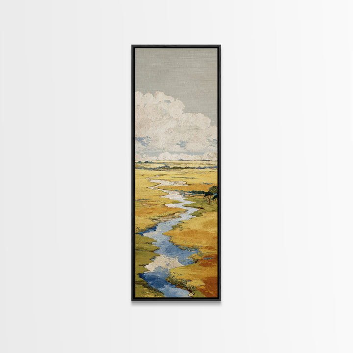 Winding River Through Golden Fields Canvas Print, Landscape Art, Contemporary Art, Living Room Decor, Fine Art, Horizon, LAN-1x3-86