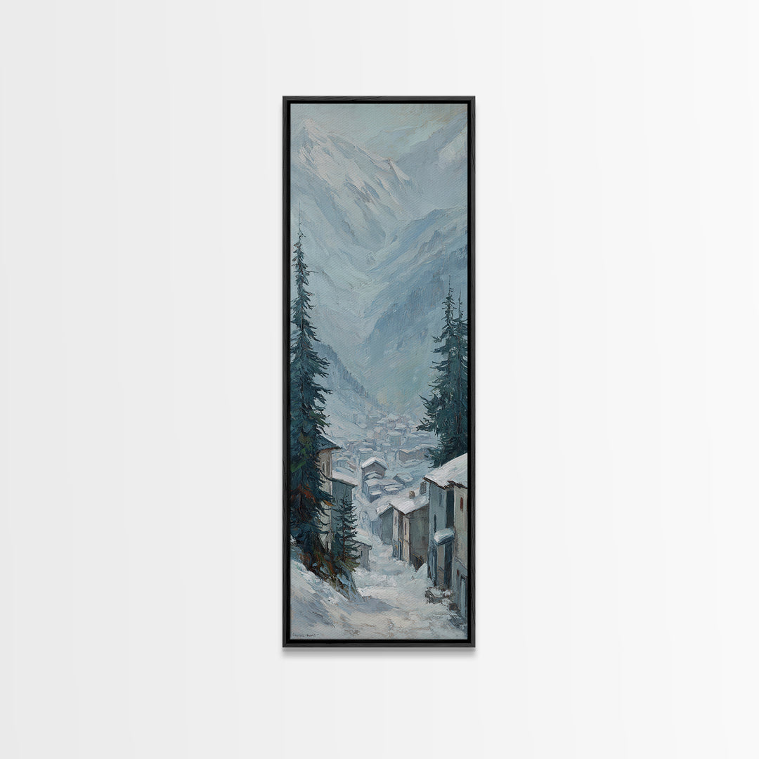 Snow Covered Alpine Village at Dusk Framed Canvas Print, Landscape Art, Boho Decor, Living Room Decor, Fine Art, Horizon, LAN-1x3-91